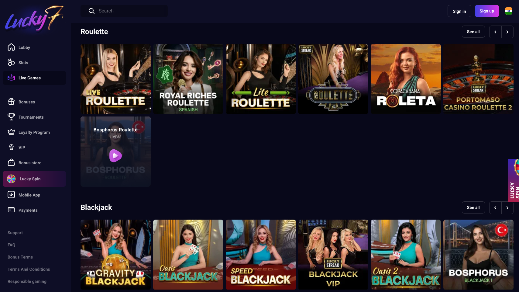 Live casino section at Lucky7even Casino featuring real-time games like blackjack, roulette, and baccarat with professional dealers and HD video streaming.