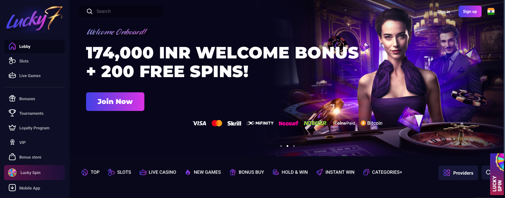 Landing page of Lucky7even Casino with headline offer up to 174000 INR plus 200 free spins, featuring game category tabs (Slots, Live Casino, Jackpot, Bonus Buy), provider logos (e.g. Betsoft, Pragmatic Play), and a visually polished user interface encouraging registration.