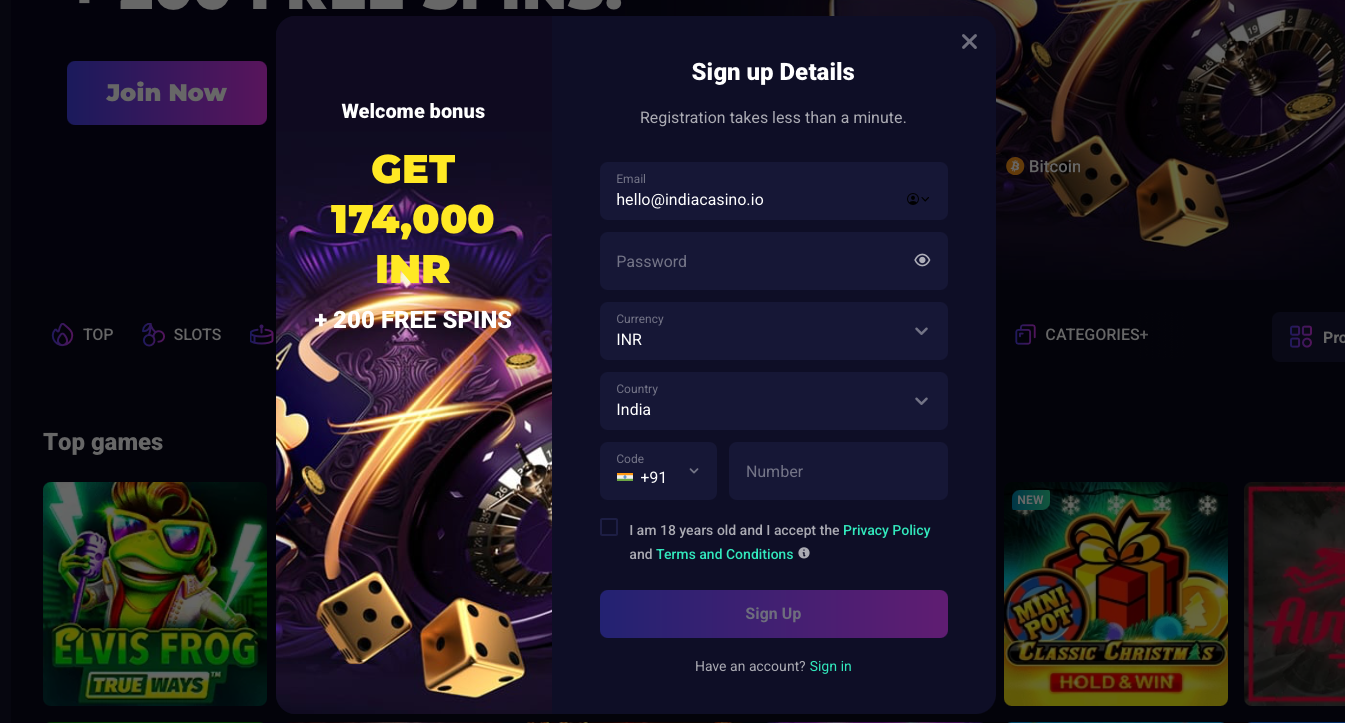 Registration process at Lucky7even Casino with a simple sign-up form requesting email, password, and preferred currency, allowing fast account creation for new players.