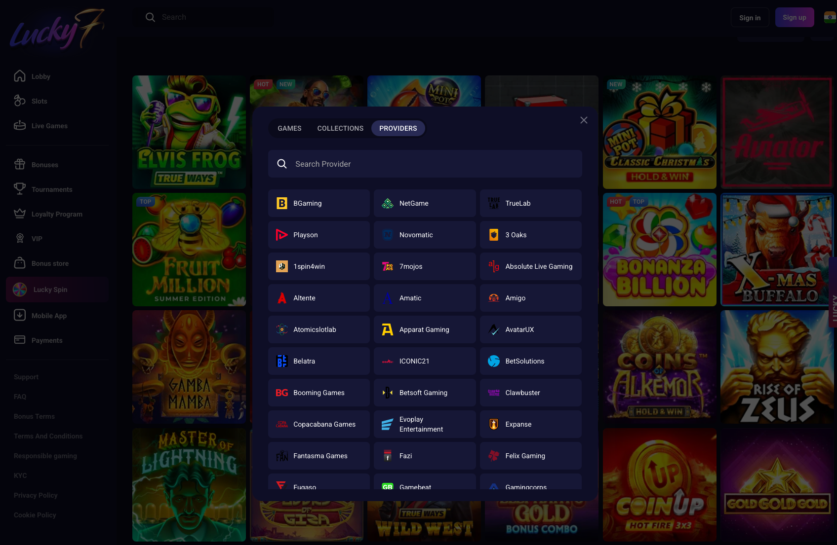 Game providers featured at Lucky7even Casino, including Pragmatic Play, Play’n GO, Betsoft, and Nolimit City, ensuring a diverse and trusted game selection.