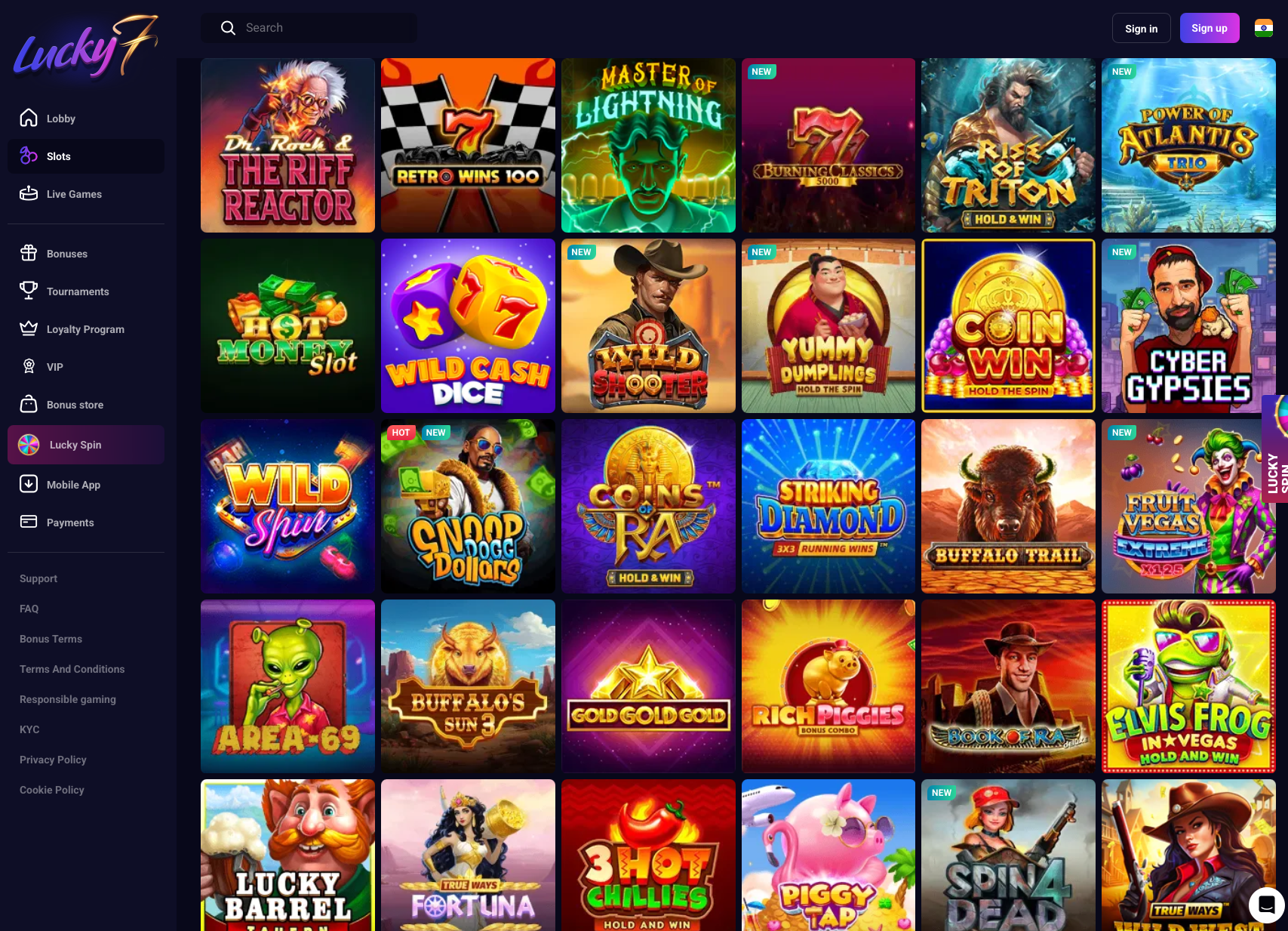 Slot games section at Lucky7even Casino featuring popular titles like Big Bass Splash and Gates of Olympus, with vibrant thumbnails and provider filters for easy browsing.