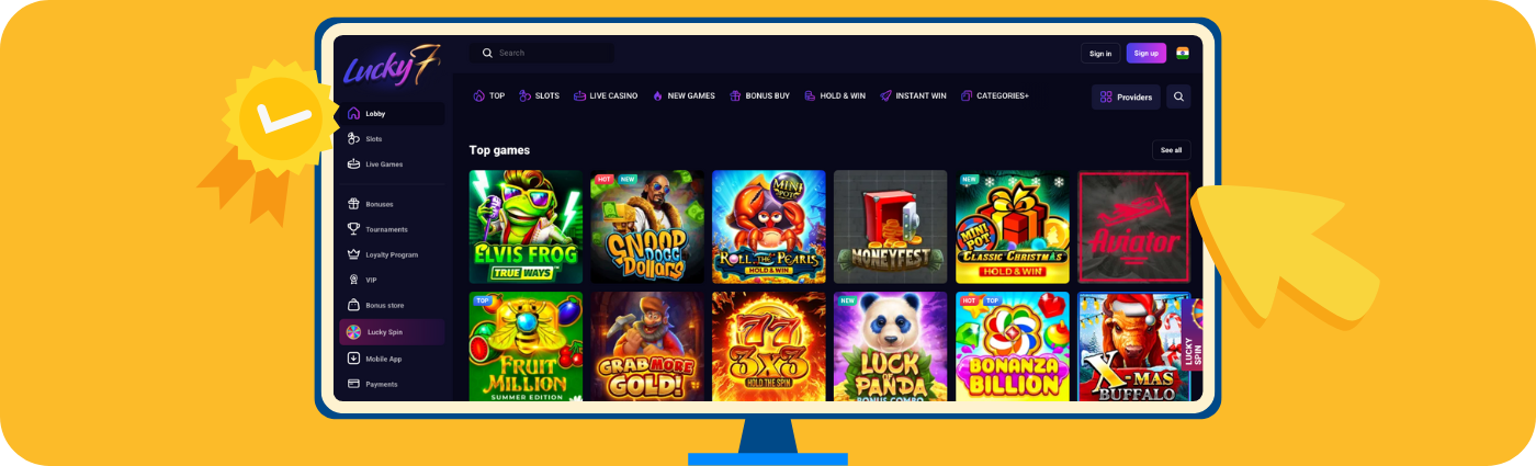 Lucky7even Casino displayed on a computer screen with a sleek dark theme, showcasing welcome bonus offer, featured slots, and intuitive top menu for easy navigation.