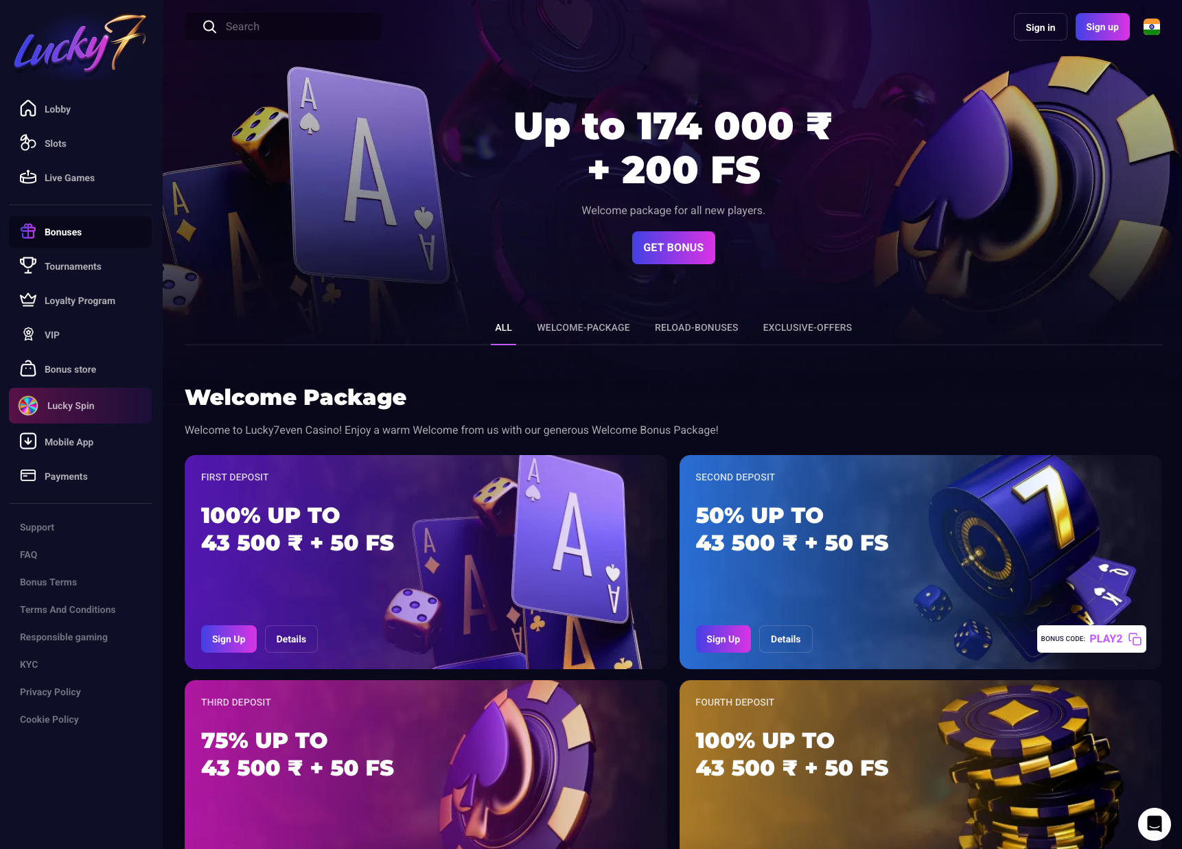 Bonus overview page at Lucky7even Casino for Indian players, highlighting welcome offers, free spins, reload bonuses and crypto promotions in INR currency.